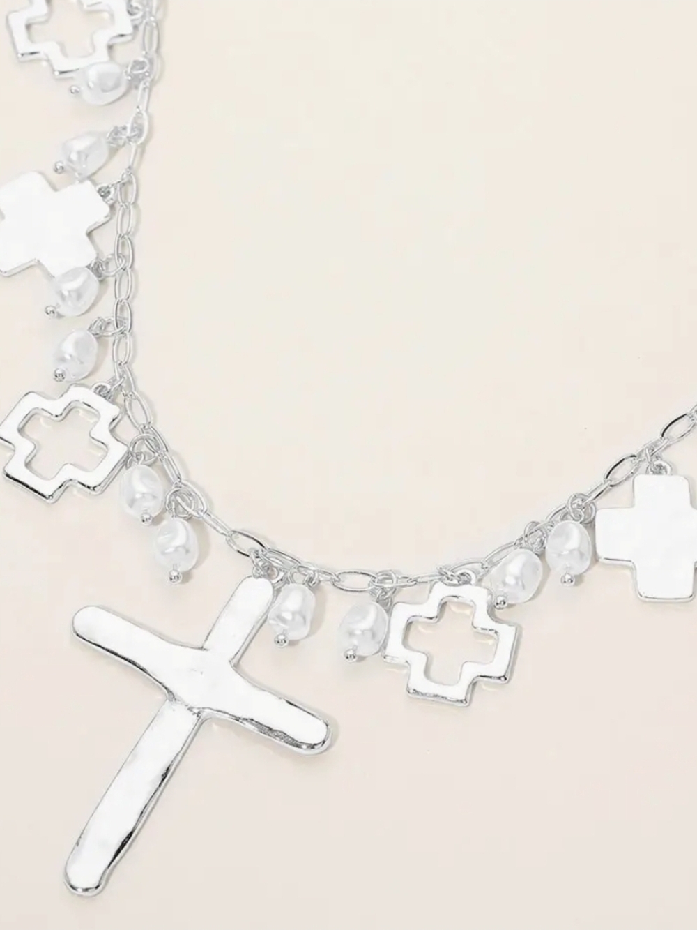 Silver Cross Charm Necklace with Pearl Accents